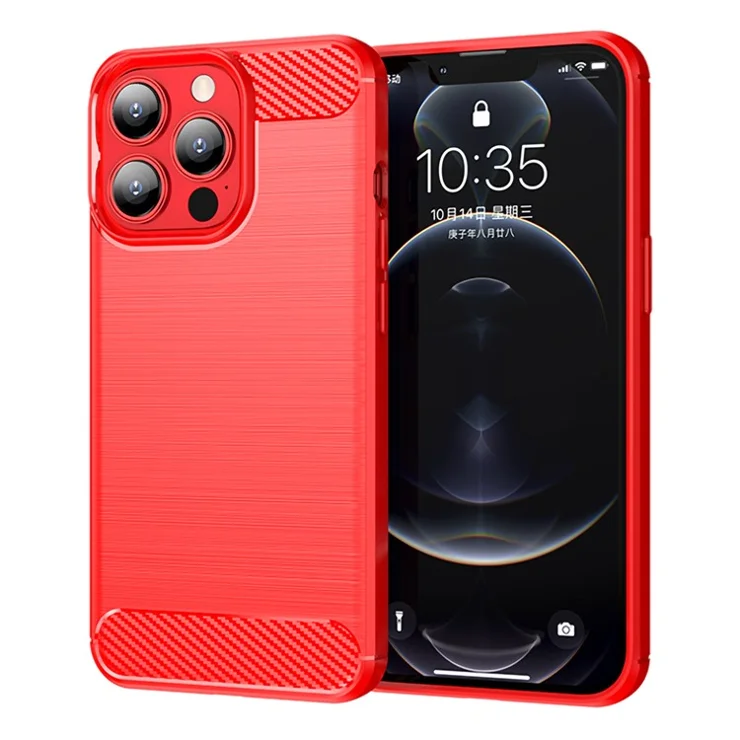 1.8mm Stylish Carbon Fiber Brushed Texture Anti-fingerprint Soft TPU Phone Back Case Cover for iPhone 13 Pro Max - Red