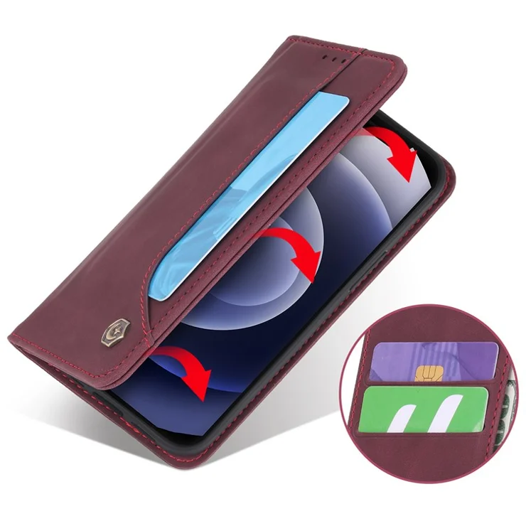 POLA 008 Series Retro Business Wallet Flip Leather Case Stand Magnetic Absorption Protective Cover for iPhone 11 6.1 inch - Wine Red