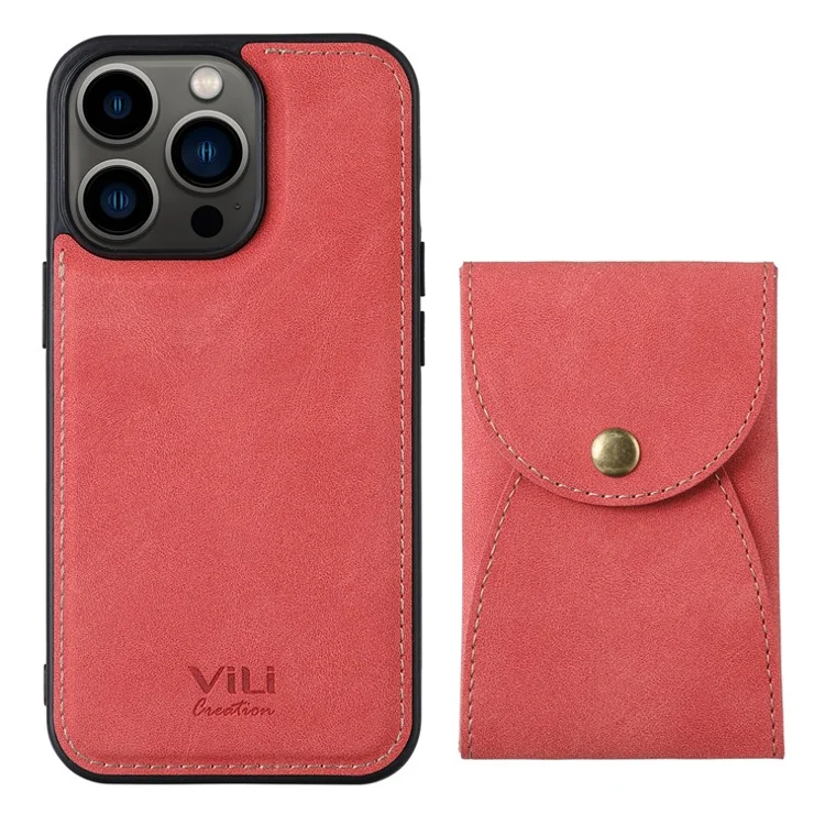 VILI TR Series Shockproof Detachable 2-in-1 Cover Magnetic Vertical Open Card Slot Leather Coated PC+TPU Phone Case for iPhone 13 Pro Max 6.7 inch - Red