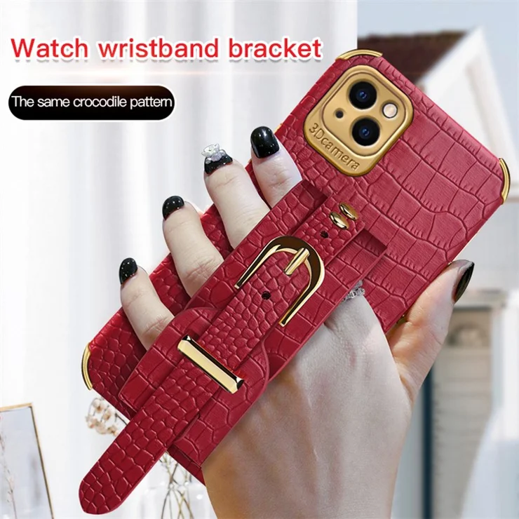 For iPhone 13 6.1 inch Shockproof Phone Bag Case Crocodile Texture 6D Electroplating Precise Cutout PU Leather Coated TPU Flexible Phone Cover - Yellow
