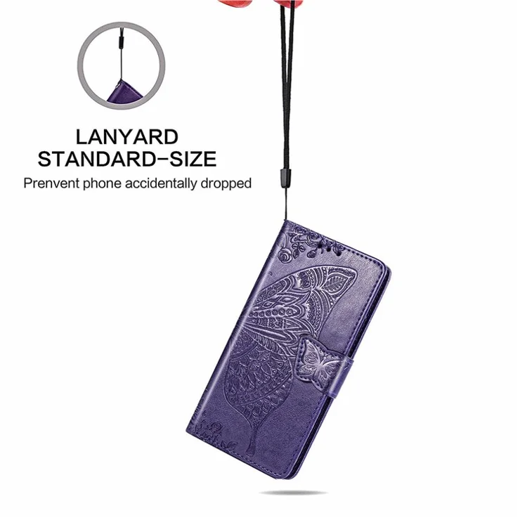 For iPhone 7 Plus / 8 Plus 5.5 inch Butterfly Flower Pattern Imprinted PU Leather Magnetic Flip Cover Viewing Stand Hand Strap Wallet Purse Case with Strap - Purple