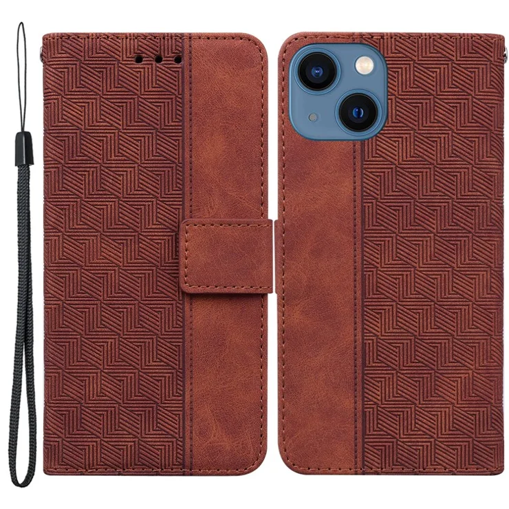 For iPhone 13 6.1 inch PU Leather Wallet Flip Cover Stand Function Geometry Imprinted Folio Protective Case with Strap - Brown