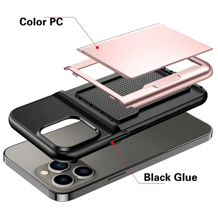 For iPhone 13 Pro Max 6.7 inch Anti-drop Back Protector Cover Card Holder Soft TPU + Hard PC Phone Case - Red