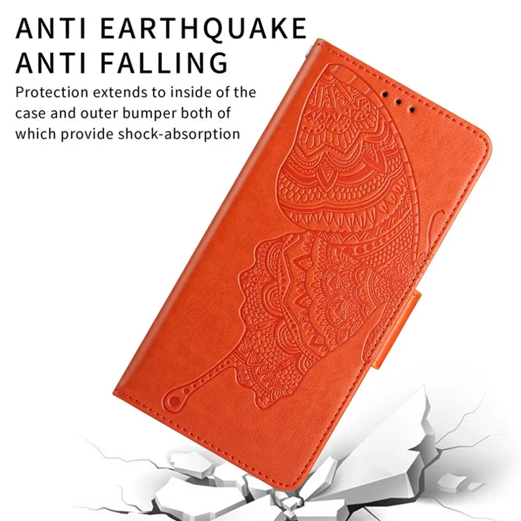 For iPhone 12 Pro Max 6.7 inch Phone Leather Case Butterfly Flower Imprinted Wallet Stand Protective Cover - Orange