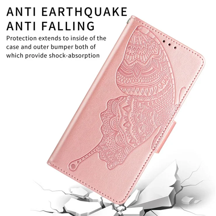 Imprinting Butterfly Flower Case for iPhone 13 Pro Max 6.7 inch, PU Leather Wallet Stand Phone Cover - Rose Gold