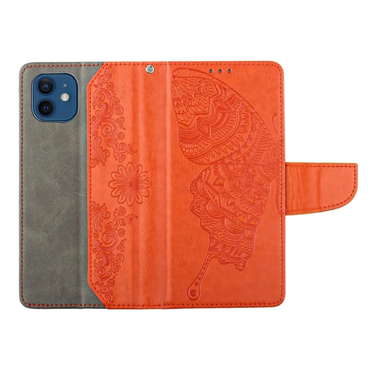Imprinting Butterfly Flower Phone Cover for iPhone 12 mini 5.4 inch, PU Leather + TPU Wallet Stand Case - Orange
