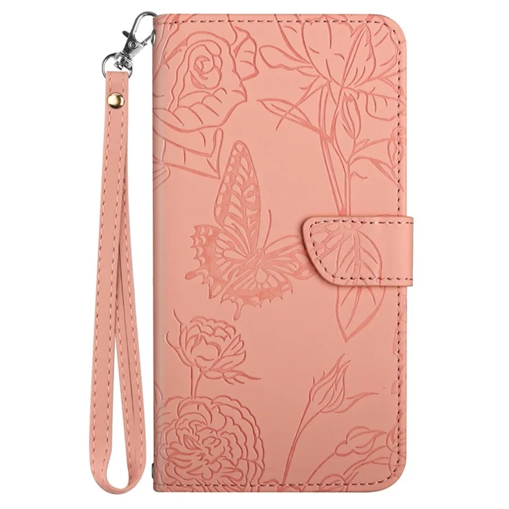 For iPhone XS Max 6.5 inch PU Leather Case Folding Stand Skin-touch Feeling Butterfly Flower Pattern Imprinted Flip Wallet Phone Cover with Wrist Strap - Pink