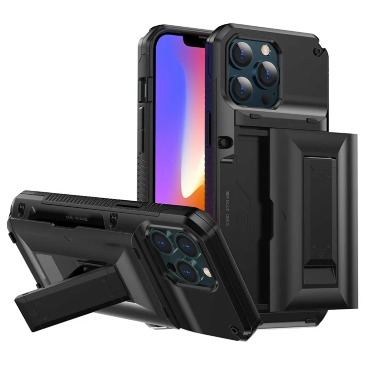 For Apple iPhone 13 Pro 6.1 inch Card Slot Function Soft TPU + Hard PC Phone Case Protector with Built-in Kickstand - Black
