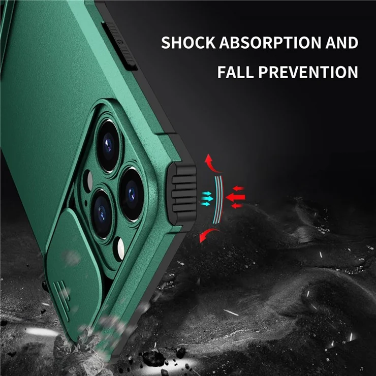 For iPhone 12 Pro Max 6.7 inch Two Angle Adjustment Vertical Kickstand PC + TPU Phone Case with Camera Sliding Cover - Blackish Green