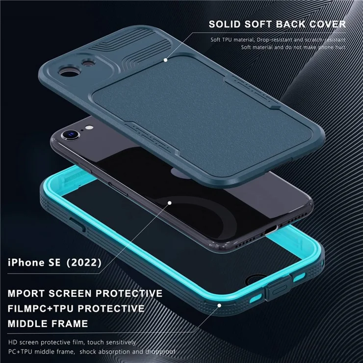 SHELLBOX A Series IP68 Waterproof Hybrid Phone Back Case for iPhone 7 4.7 inch/8 4.7 inch/SE (2020)/(2022), IP6X Dust-Proof Protective Case with Lanyard - Dark Blue