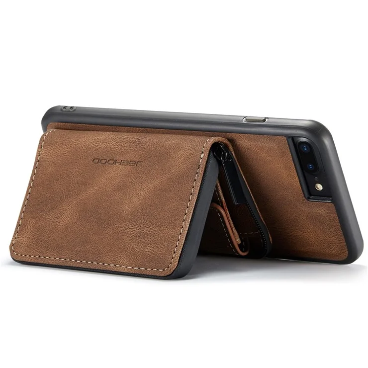 JEEHOOD For iPhone 7 Plus/8 Plus 5.5 inch Detachable 2-in-1 Shockproof Well-protected Leather Coated TPU Cell Phone Case with Kickstand Zipper Wallet - Brown