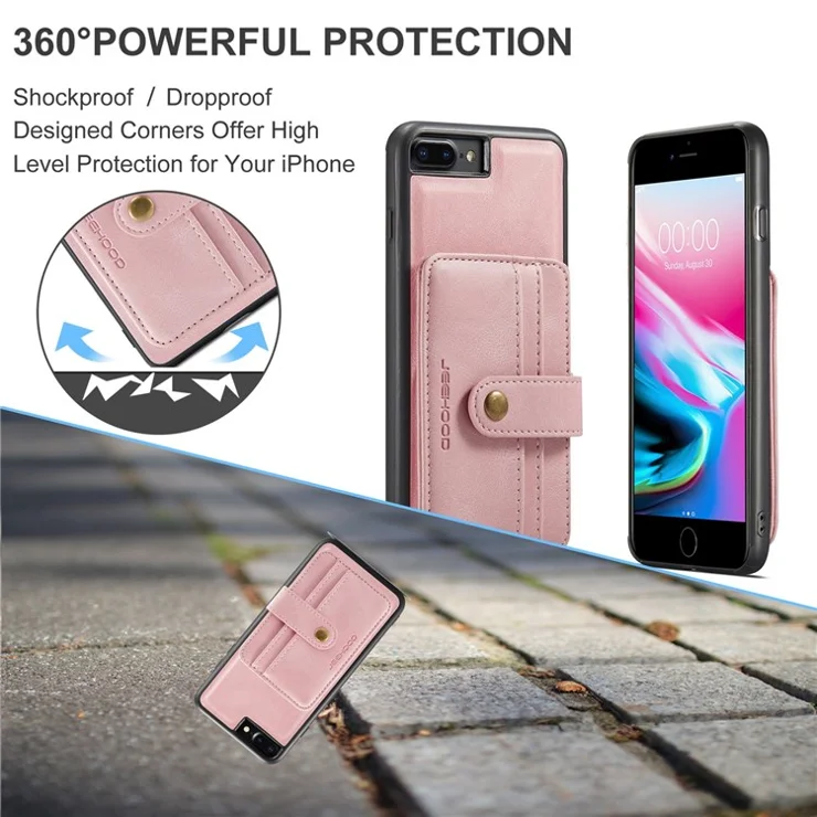 JEEHOOD For iPhone 7 Plus/8 Plus 5.5 inch Wallet Phone Case RFID Blocking Shockproof Phone Cover Anti-Scratch Protector Support Wireless Charging - Pink
