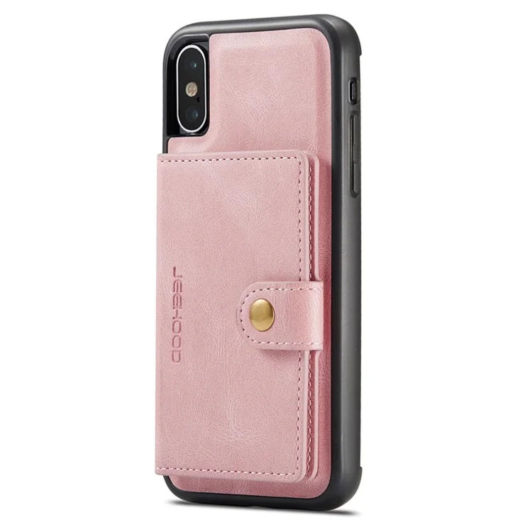 JEEHOOD For iPhone XS 5.8 inch/iPhone X Detachable Wallet Leather Coated TPU Phone Case Kickstand Protective Cover - Rose Gold
