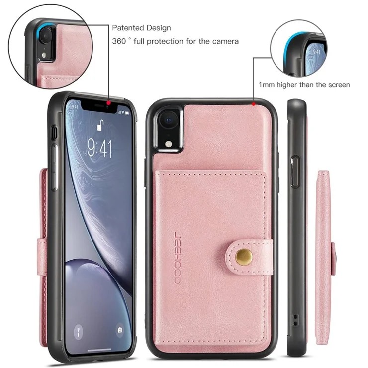 JEEHOOD For iPhone XS 5.8 inch/iPhone X Detachable Wallet Leather Coated TPU Phone Case Kickstand Protective Cover - Rose Gold