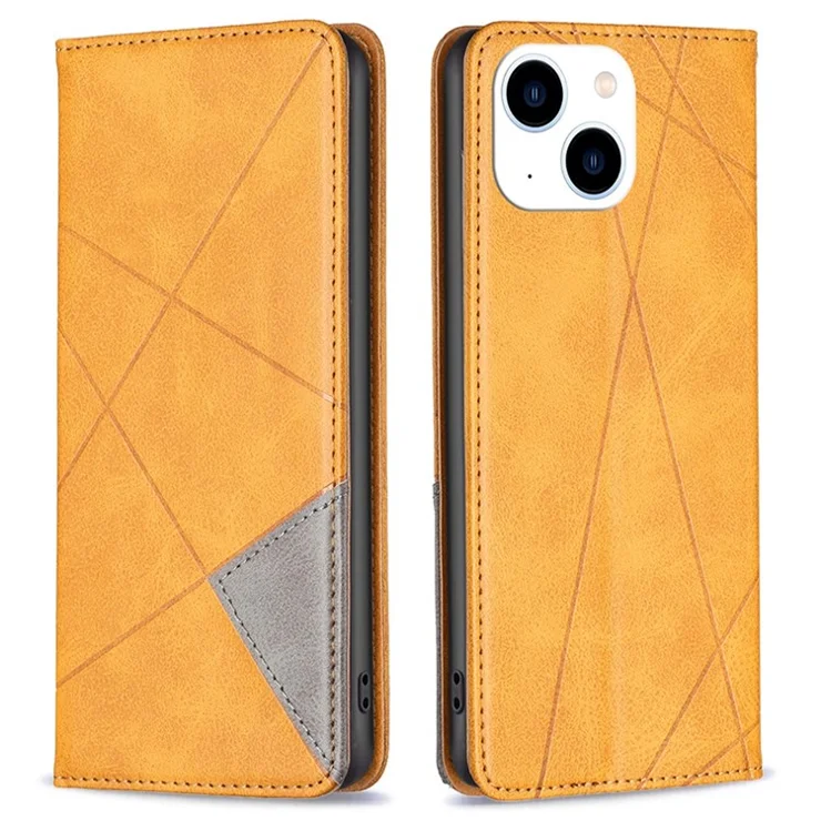 For iPhone 14 Leather Case with Card Holder Imprinting Pattern Phone Stand Cover - Yellow