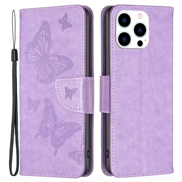 For iPhone 14 Pro Wallet Case Imprinted Butterflies Leather Phone Cover with Strap - Purple