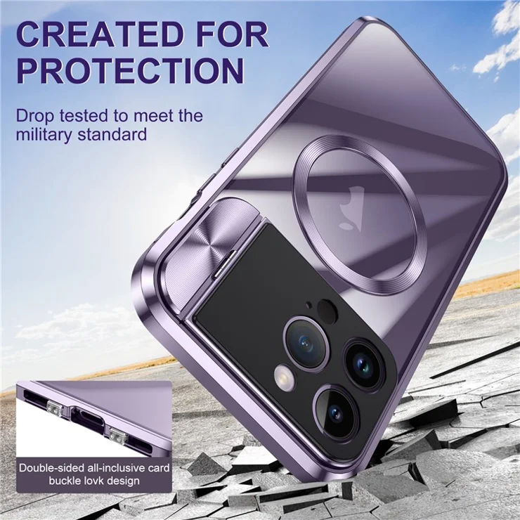 For iPhone 14 Pro Max Kickstand Case Tempered Glass+Aluminum Alloy+PC Phone Cover Compatible with MagSafe - Silver