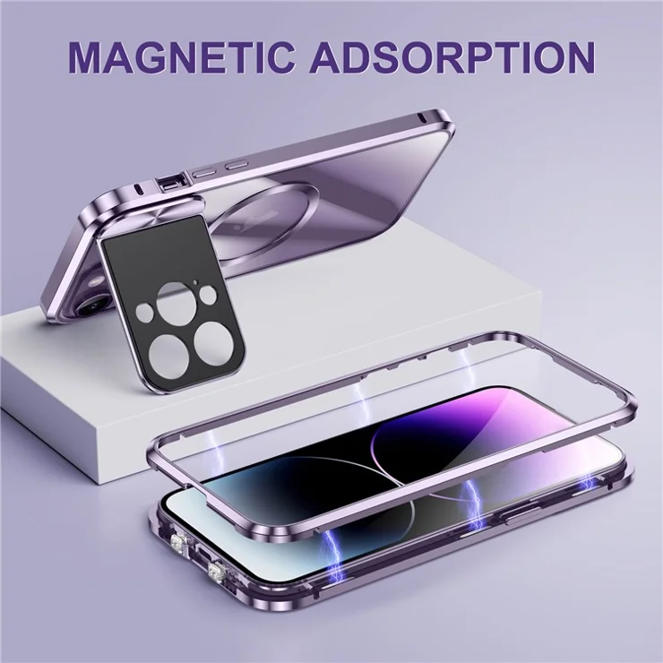 Compatible with MagSafe Phone Cover for iPhone 13 Pro Max 6.7 inch Tempered Glass+Aluminum Alloy+PC Kickstand Case - Silver