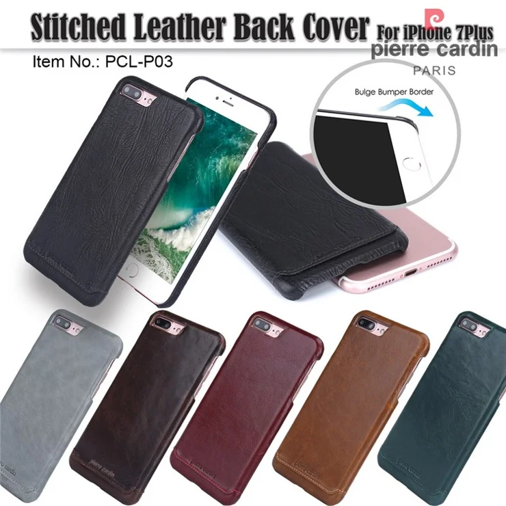 PIERRE CARDIN Stitched Genuine Leather Back Case for iPhone 8 Plus / 7 Plus 5.5 - Coffee