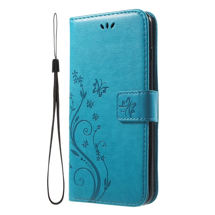 Imprinted Butterfly Leather Wallet Cover with Wrist Strap for iPhone 8 Plus / 7 Plus 5.5 inch - Blue