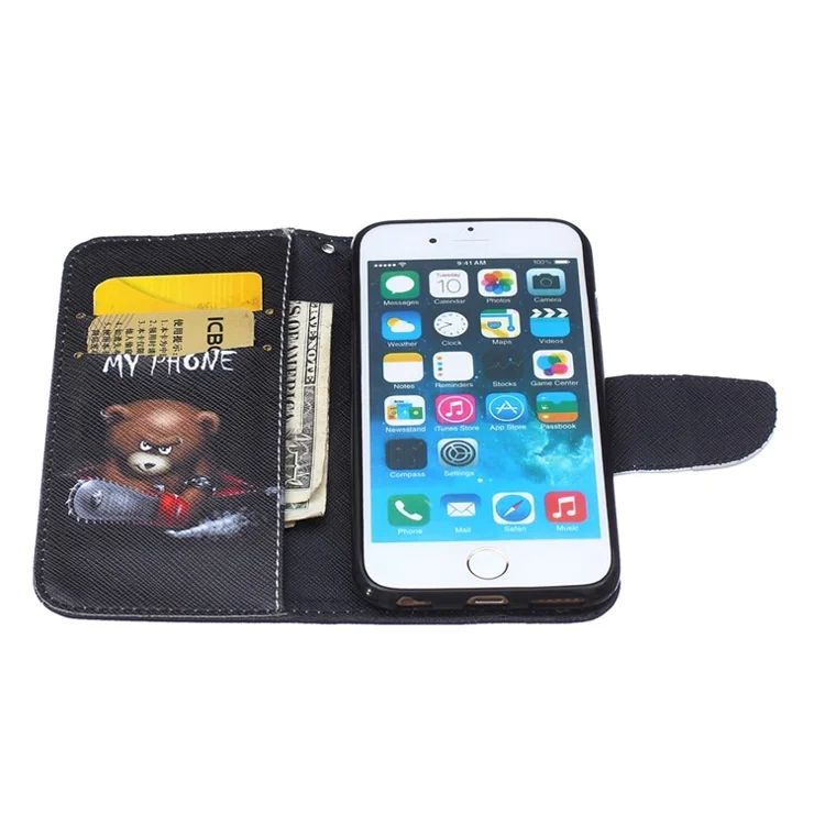 Patterned Leather Stand Mobile Case for iPhone 6s / 6 4.7 - Angry Bear and Warning Words