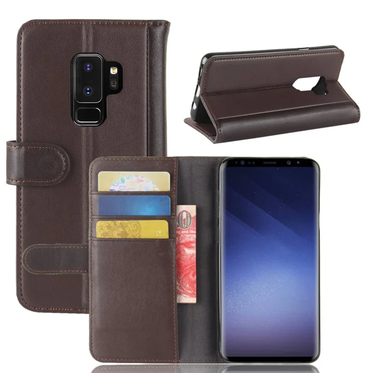 For Samsung Galaxy S9 G960 Phone Cases Genuine Split Leather Wallet Mobile Cover Stand - Brown