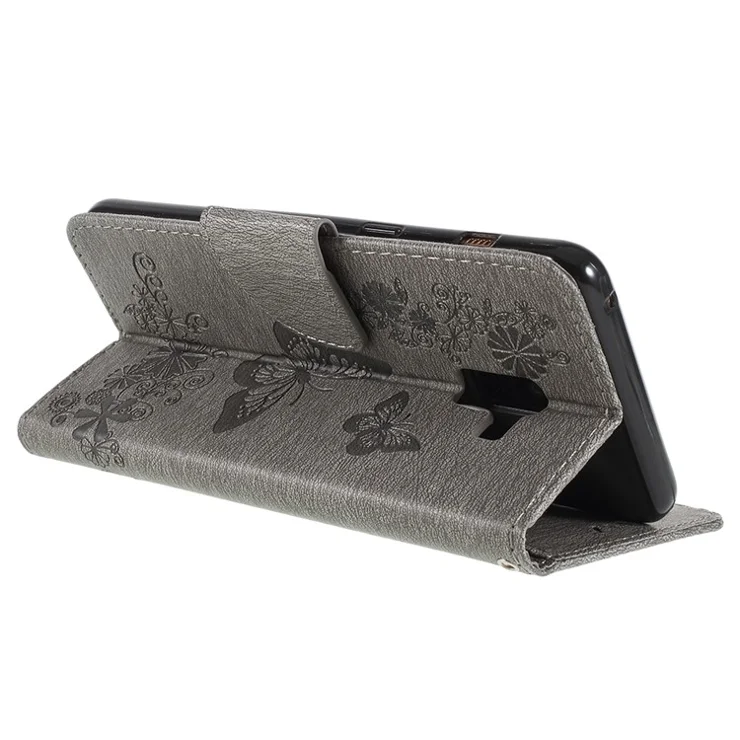 Imprinted Butterfly Flowers Wallet Leather Stand Cover for Samsung Galaxy A8 (2018) - Grey