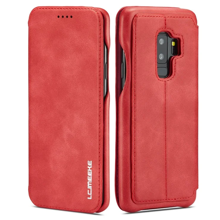 LC.IMEEKE for Samsung Galaxy S9+ G965 Vintage Style Leather Card Holder Protection Phone Case with Stand - Red