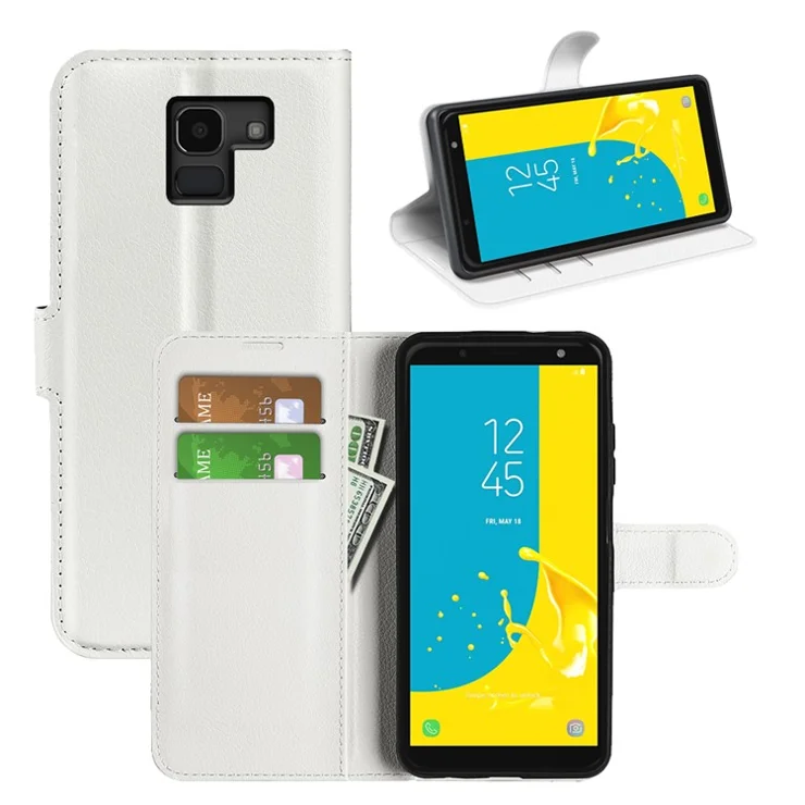Litchi Skin Leather Stand Cover with Card Slots for Samsung Galaxy J6 (2018) Magnetic Clasp Closure - White