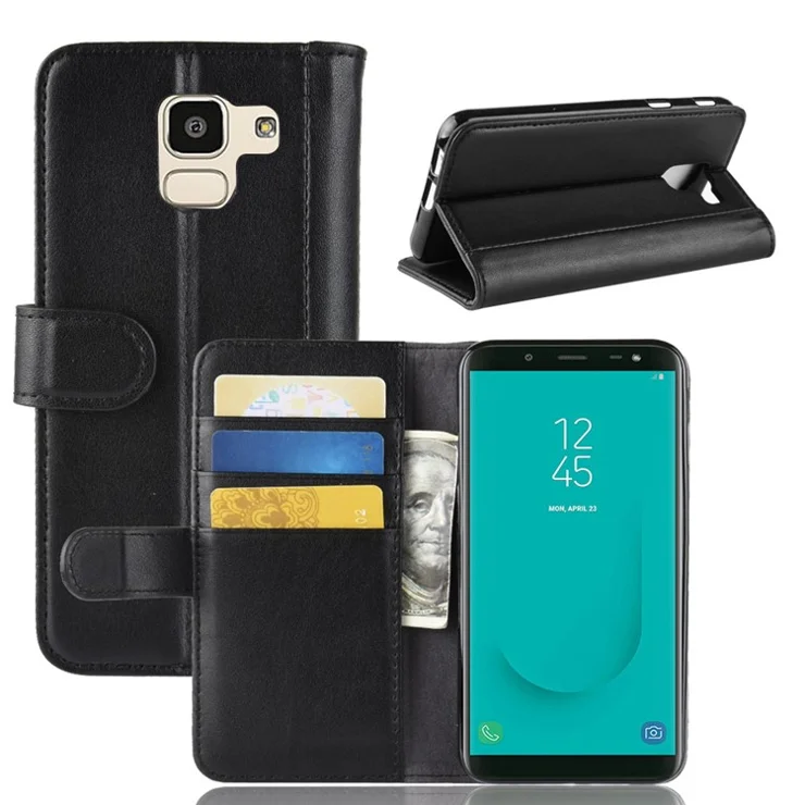 For Samsung Galaxy J6 (2018) Phone Cases Genuine Split Leather Wallet Mobile Cover Stand - Black