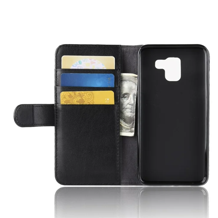 For Samsung Galaxy J6 (2018) Phone Cases Genuine Split Leather Wallet Mobile Cover Stand - Black