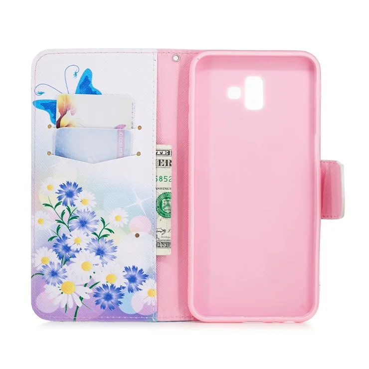 Patterned Wallet Stand Leather Cell Phone Cover for Samsung Galaxy J6+ / J6 Prime - Butterfly and Daisy