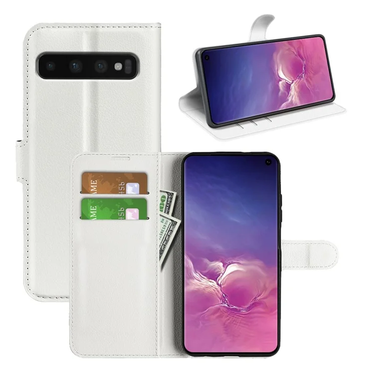 Litchi Skin Leather Stand Cover for Samsung Galaxy S10 with Folio Flip Wallet Magnetic Clasp Design - White