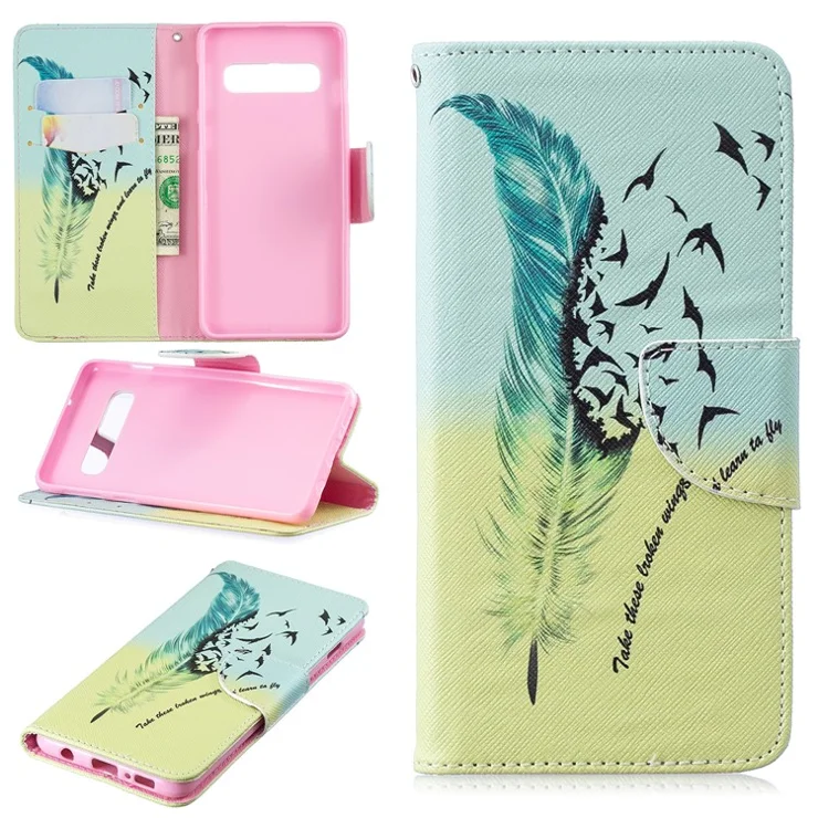 Pattern Printing PU Leather Protection Cell Phone Cover for Samsung Galaxy S10 - Feather Pattern
