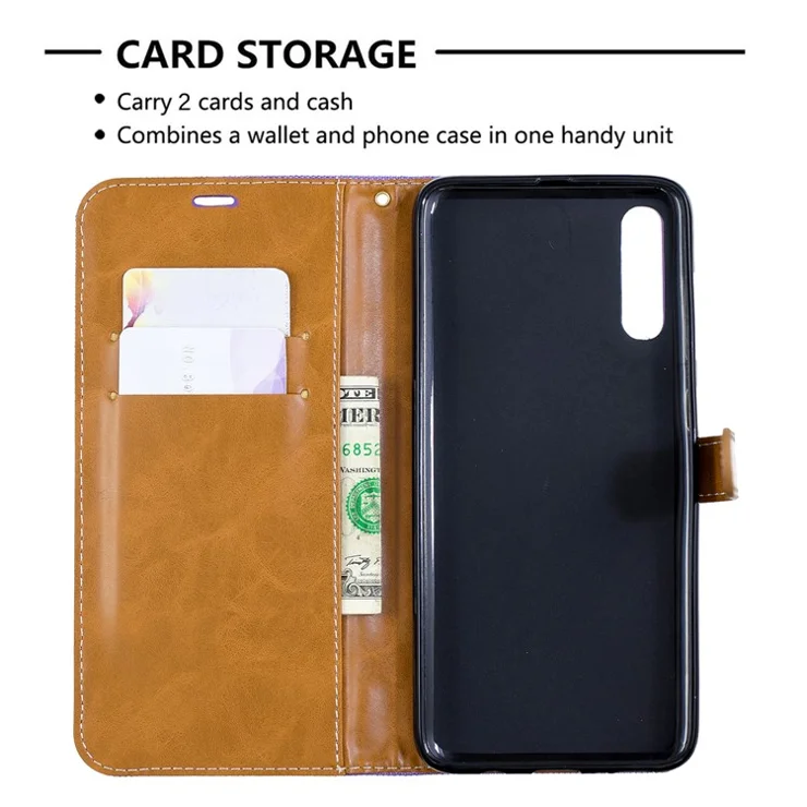 Two-tone Jean Cloth PU Leather Flip Case for Samsung Galaxy A70 - Purple