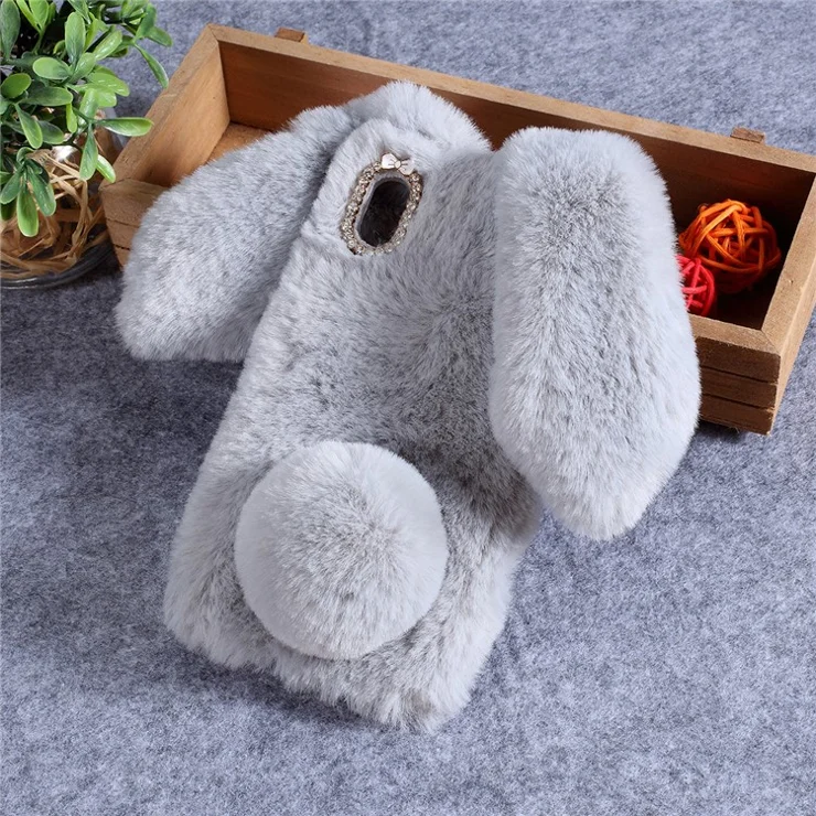 Rabbit Shape Fluffy Fur Coated Rhinestone TPU Case for Samsung Galaxy A10 - Light Grey