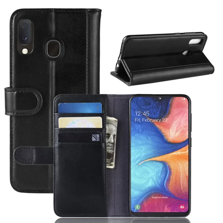 For Samsung Galaxy A20e Phone Cases Genuine Split Leather Wallet Mobile Cover Stand - Black