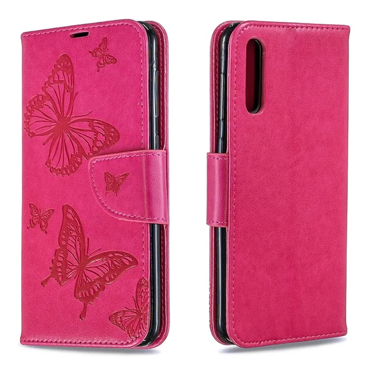 For Samsung Galaxy A50 / A50s / A30s PU Leather Imprint Butterflies Phone Case - Rose