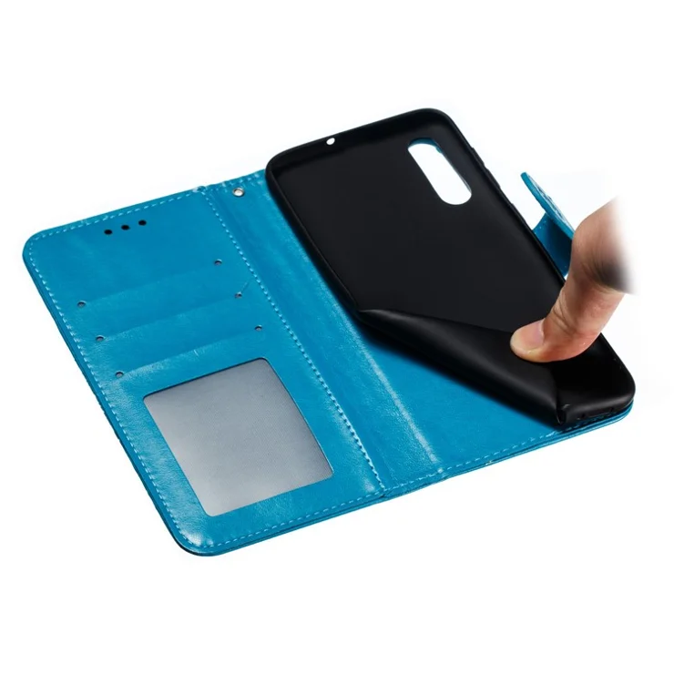 For Samsung Galaxy A50/A50s/A30s Imprint Mandala Flower Leather Wallet Case Phone Cover - Blue