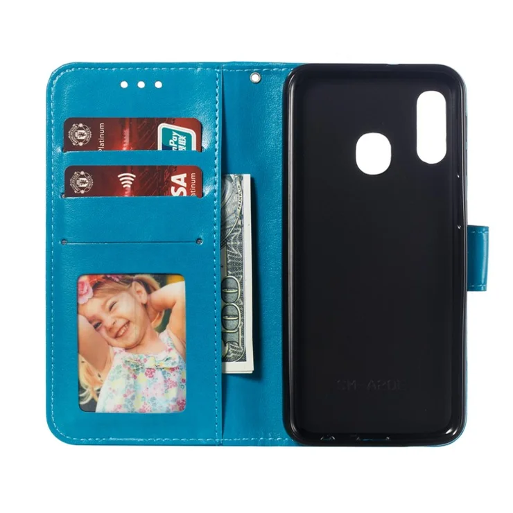 Imprint Mandala Flower Stand Wallet Leather Case for Samsung Galaxy A20e Anti-Scratch Phone Accessory - Blue
