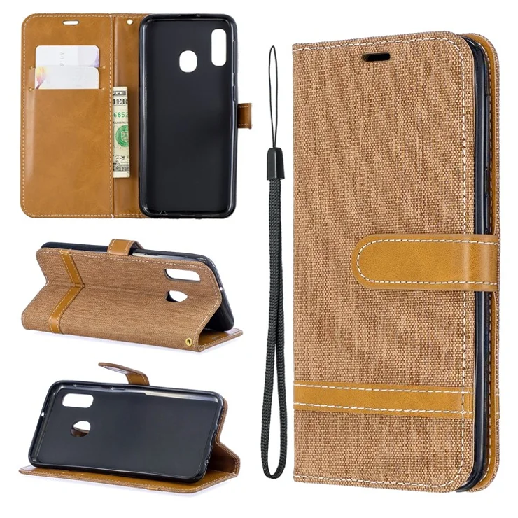 Jeans Cloth Leather Wallet Case for Samsung Galaxy A20e - Brown