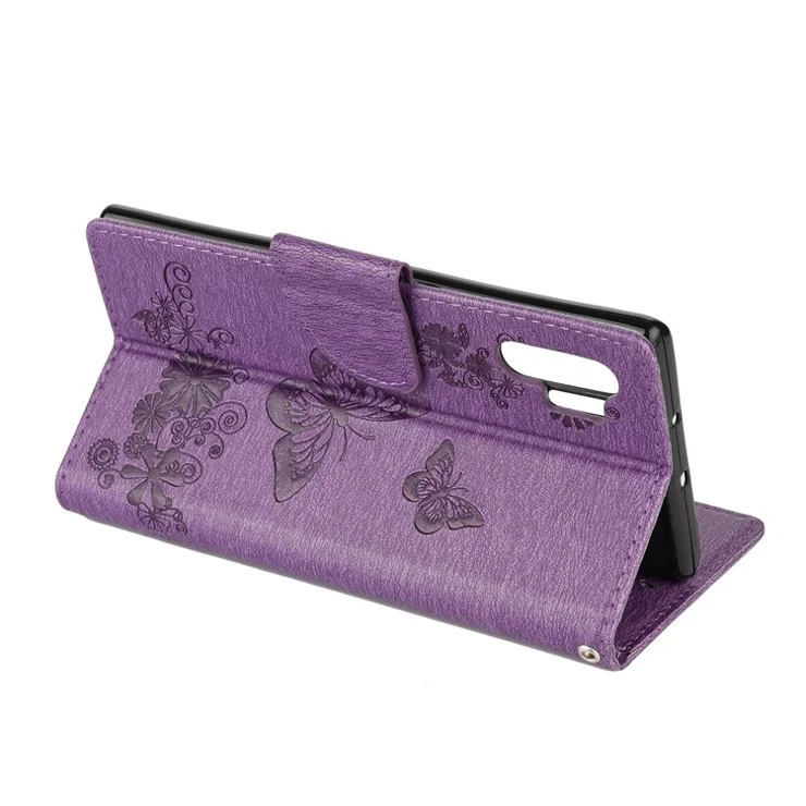 Imprint Butterfly Flowers Leather Stand Wallet Folio Case for Samsung Galaxy Note 10 Plus/Note 10 Plus 5G - Purple
