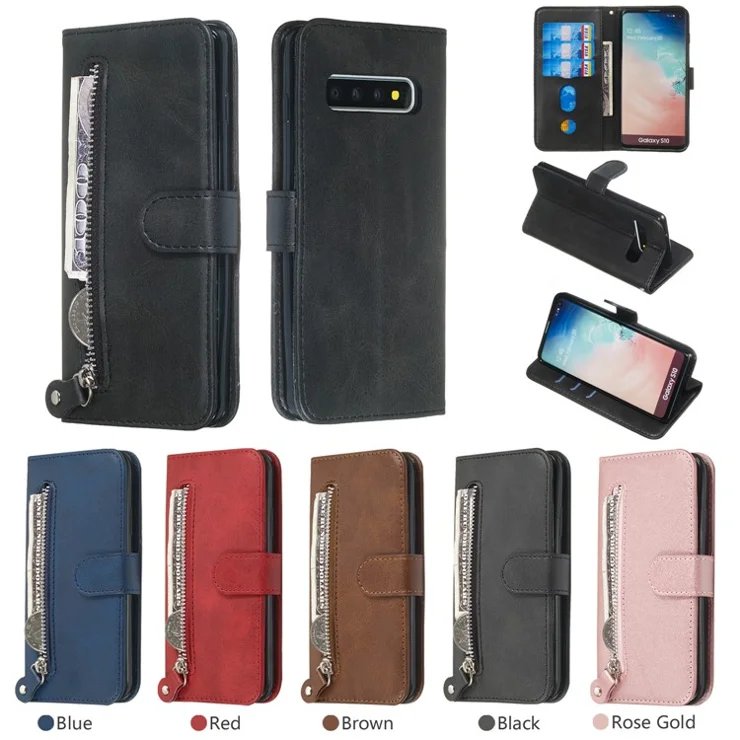 Zipper Pocket Magnetic Leather Stand Case for Samsung Galaxy S10 - Black