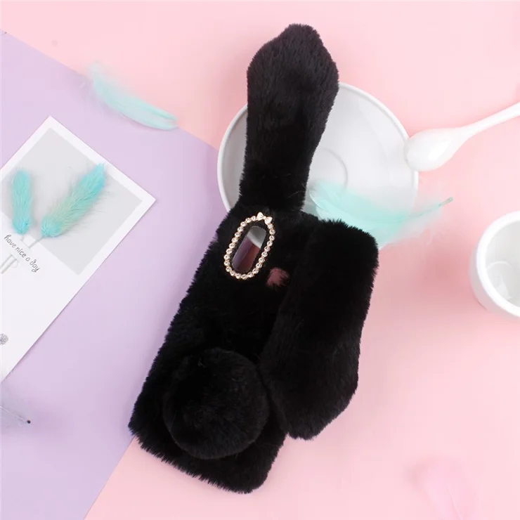 Rabbit Shape Fluffy Fur Coated TPU Phone Case for Samsung Galaxy A20e Cell Phone Accessory - Black