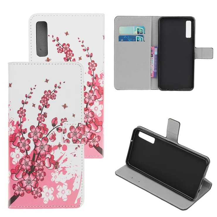 Printing Style PU Leather Cover Stand Wallet Phone Case for Samsung Galaxy A50/A50s/A30s - Peach Flower