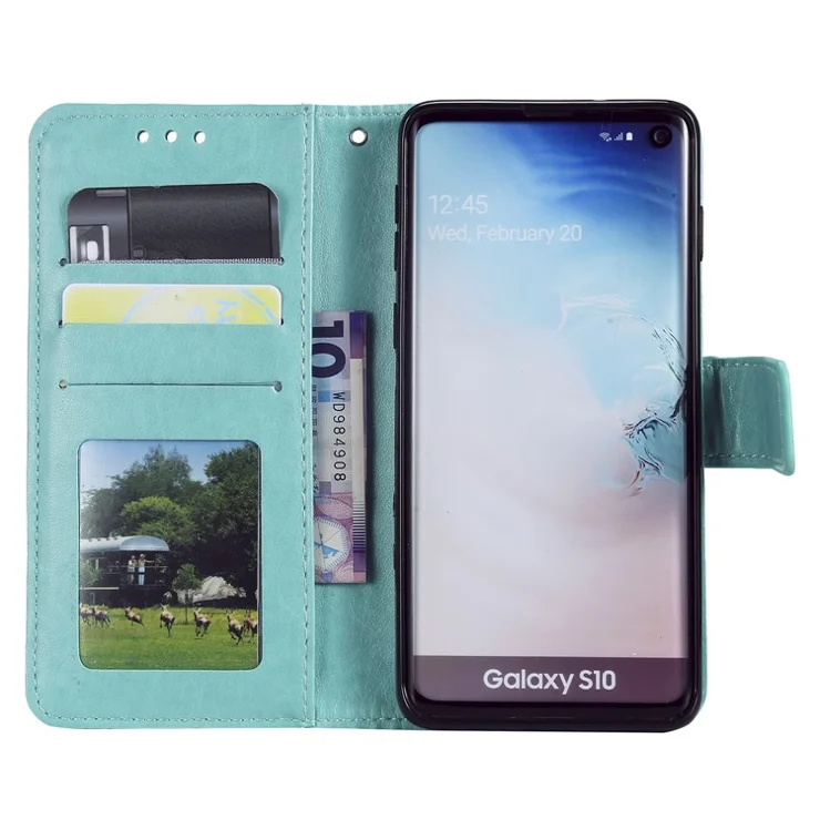 Imprint Sakura Cat Leather Wallet Stand Case for Samsung Galaxy S10 - Cyan