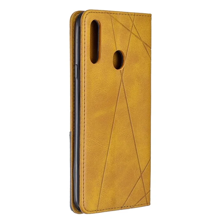 Geometric Pattern Leather Card Holder Phone Case with Stand Shell for Samsung Galaxy A20s - Yellow
