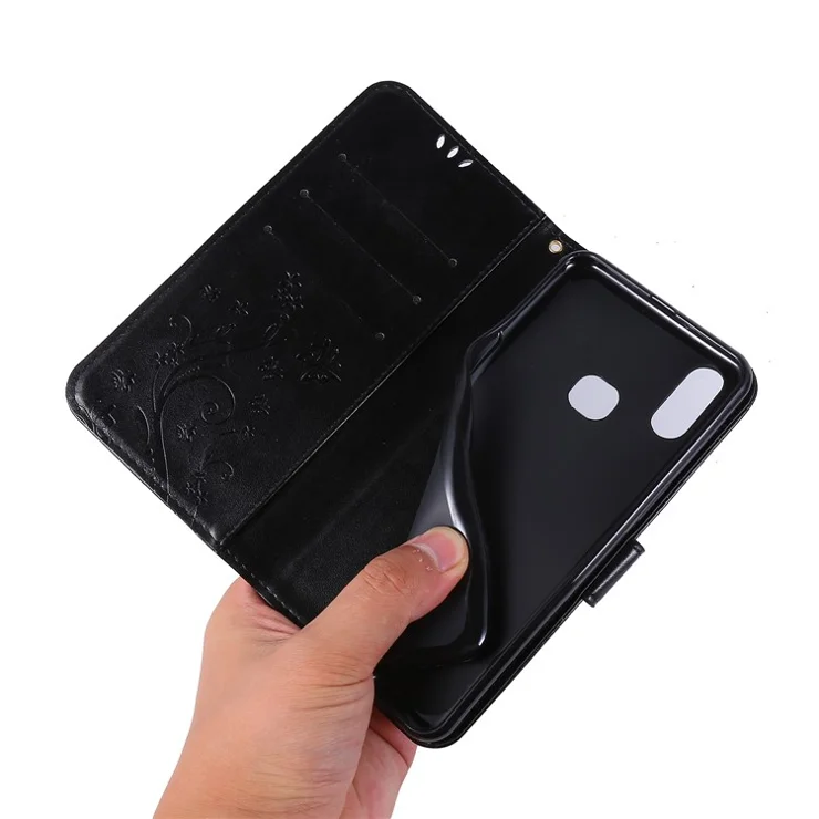 Imprint Butterflies Wallet Stand Flip Leather Phone Cover for Samsung Galaxy A10s - Black
