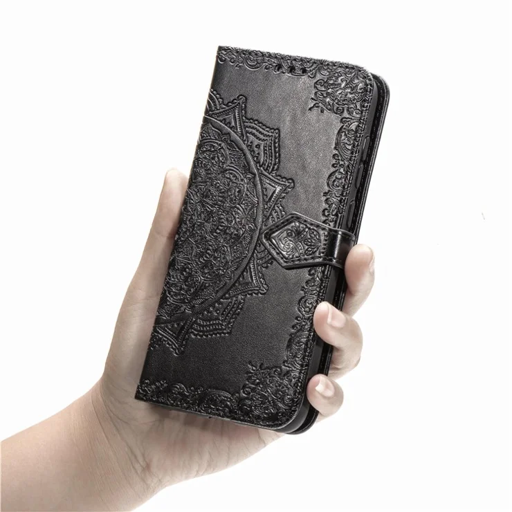 Embossed Mandala Flower Wallet Stand Leather Case for Samsung Galaxy A50s/A50/A30s - Black