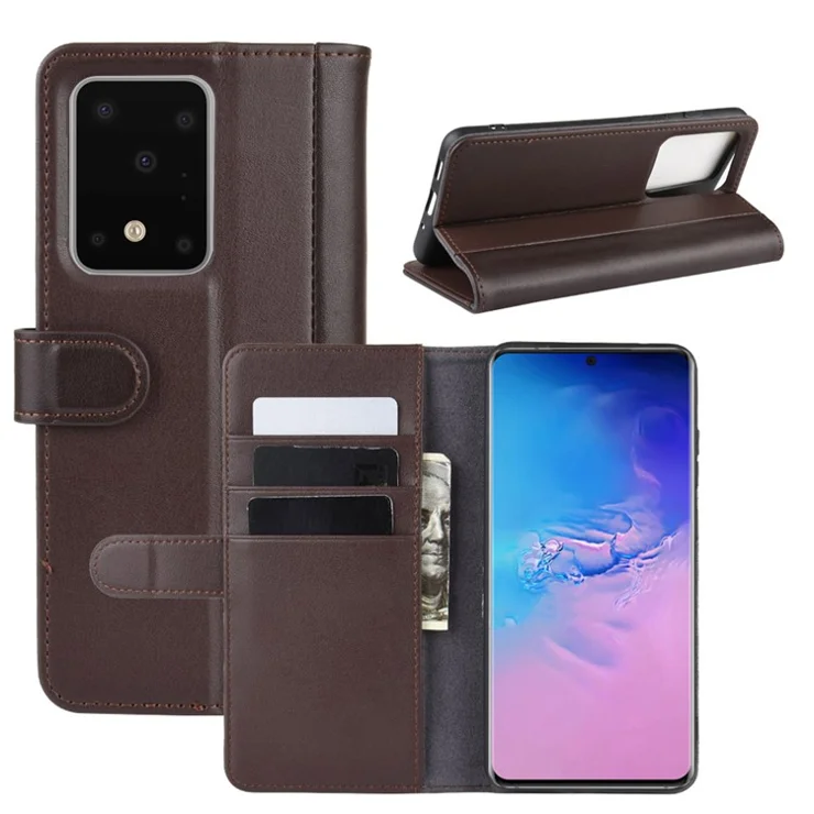For Samsung Galaxy S20 Ultra Phone Cases Genuine Split Leather Wallet Mobile Cover Stand - Coffee